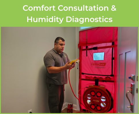 Tim Destasio takes a comfort reading from a home blower door test. Caption: Comfort Diagnosis and Energy Assessment