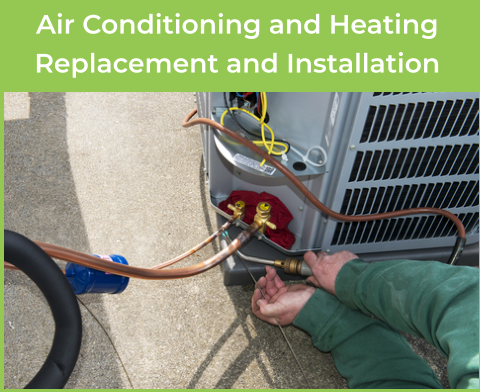 A technician is working on an outside air conditioning unit. The image shows the technicians hands holding tools. The cover is off the unit and pipes and wires are exposed. Caption: Air Conditioning and Heating Replacement and Installation