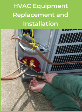 A technician is working on an outside air conditioning unit. The image shows the technicians hands holding tools. The cover is off the unit and pipes and wires are exposed. Caption: Air Conditioning and Heating Replacement and Installation
