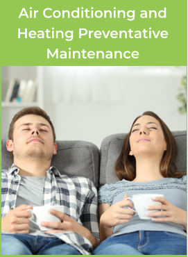 Young couple leans back on their couch with their eyes closed. They are holding coffee cups and smiling. Caption: Air Conditioning and Heating Preventative Maintenance
