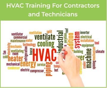 A hand with a pointing device is pointing at a word cloud  with words pertaining to HVAC. Caption: HVAC Training for Contractors and Technicians